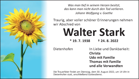 Traueranzeige von Walter Stark von Ansbach