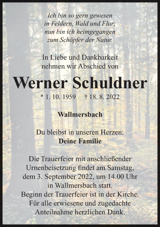 Traueranzeige von Werner Schuldner von Neustadt/ Scheinfeld/ Uffenheim