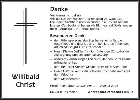 Traueranzeige von Willibald Christ von Dinkelsbühl/ Feuchtwangen