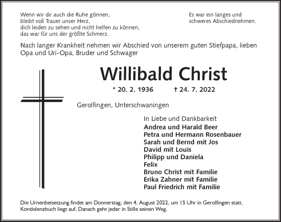 Traueranzeige von Willibald Christ von Dinkelsbühl/ Feuchtwangen