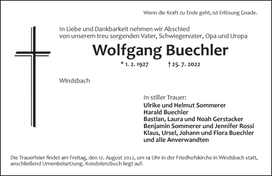 Traueranzeige von Wolfgang Buechler von Ansbach