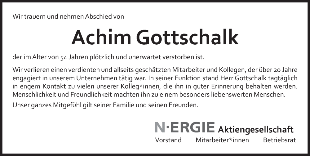  Traueranzeige für Achim Gottschalk vom 10.09.2022 aus Neustadt/ Scheinfeld/ Uffenheim