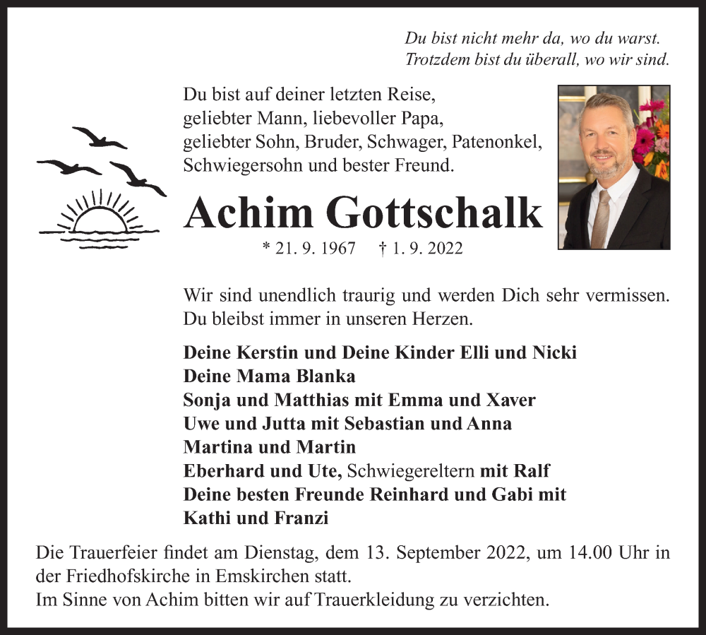  Traueranzeige für Achim Gottschalk vom 10.09.2022 aus Neustadt/ Scheinfeld/ Uffenheim