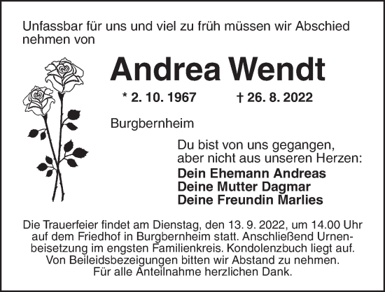 Traueranzeige von Andrea Wendt von Neustadt/ Scheinfeld/ Uffenheim