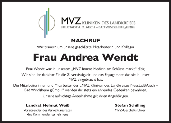 Traueranzeige von Andrea Wendt von Neustadt/ Scheinfeld/ Uffenheim