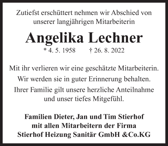 Traueranzeige von Angelika Martha  Lechner von Neustadt/ Scheinfeld/ Uffenheim