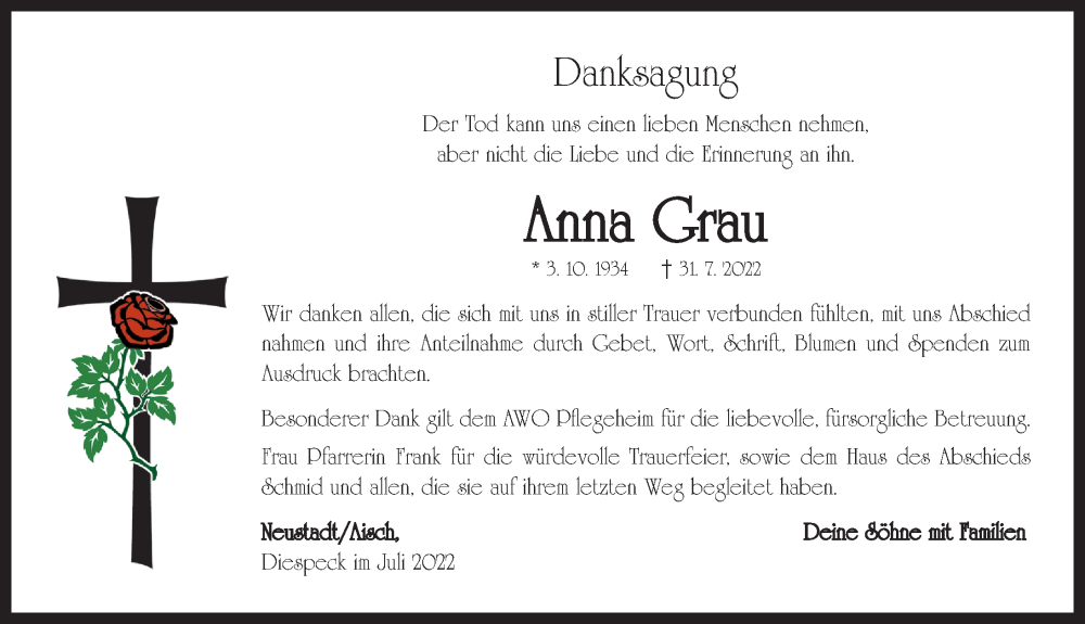  Traueranzeige für Anna Grau vom 10.09.2022 aus Neustadt/ Scheinfeld/ Uffenheim
