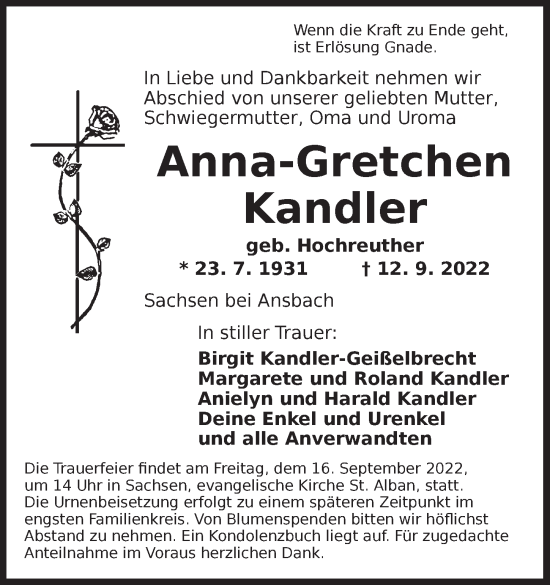 Traueranzeige von Anna-Gretchen Kandler von Ansbach