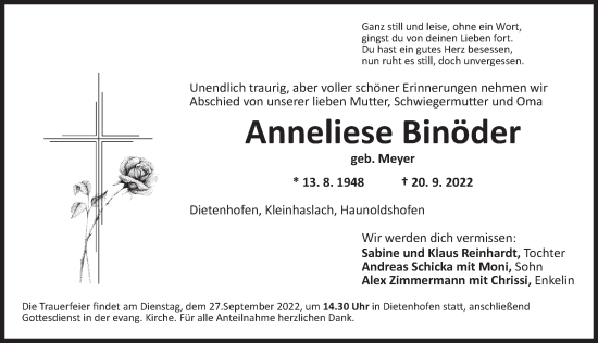 Traueranzeige von Anneliese Binöder von Ansbach