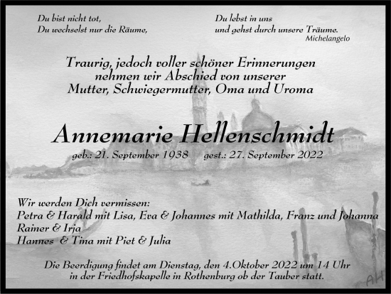 Traueranzeige von Annemarie Hellenschmidt von Rothenburg