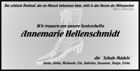 Traueranzeige von Annemarie Hellenschmidt von Rothenburg