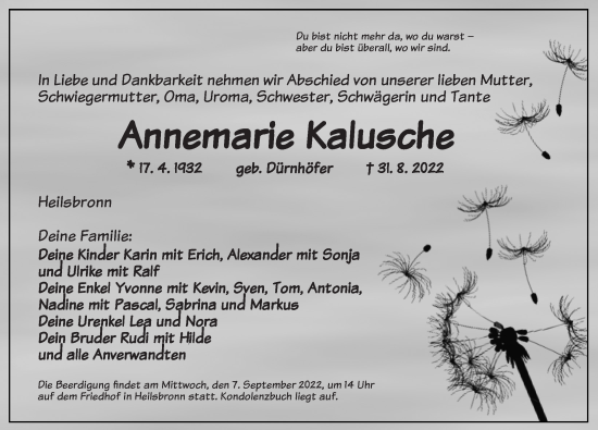 Traueranzeige von Annemarie Kalusche von Ansbach