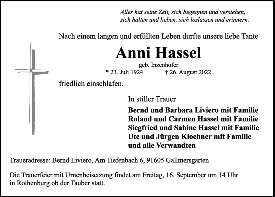 Traueranzeige von Anni Hassel von Rothenburg