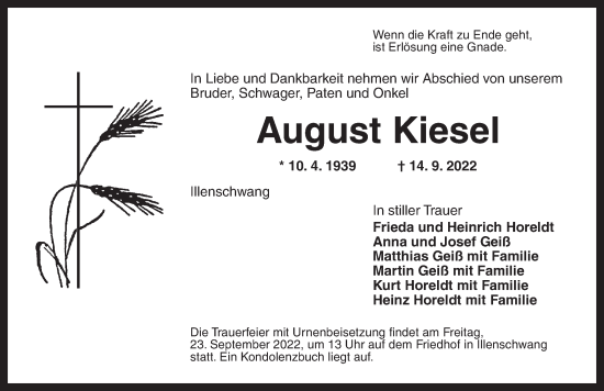 Traueranzeige von August Kiesel von Dinkelsbühl/ Feuchtwangen