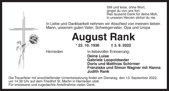 Traueranzeige von August Rank von Ansbach