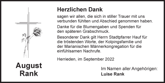 Traueranzeige von August Rank von Ansbach