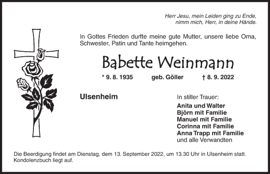 Traueranzeige von Babette Weinmann von Neustadt/ Scheinfeld/ Uffenheim