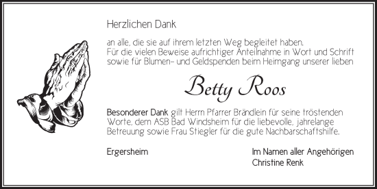 Traueranzeige von Betty Roos von Neustadt/ Scheinfeld/ Uffenheim