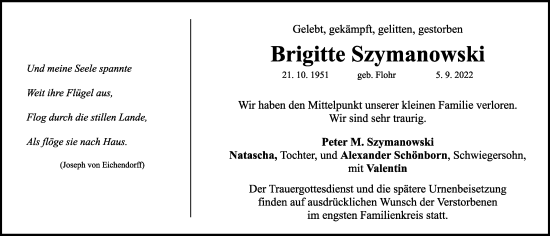 Traueranzeige von Brigitte Szymanowski von GE