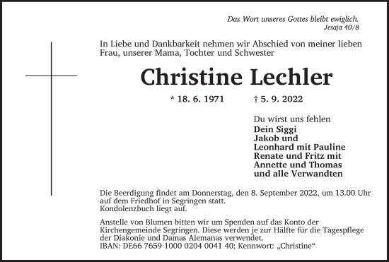 Traueranzeige von Christine Lechler von Dinkelsbühl/ Feuchtwangen