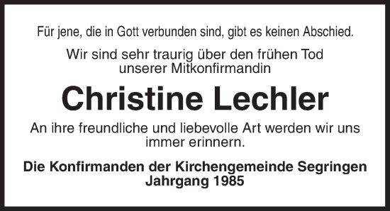 Traueranzeige von Christine Lechler von Dinkelsbühl/ Feuchtwangen