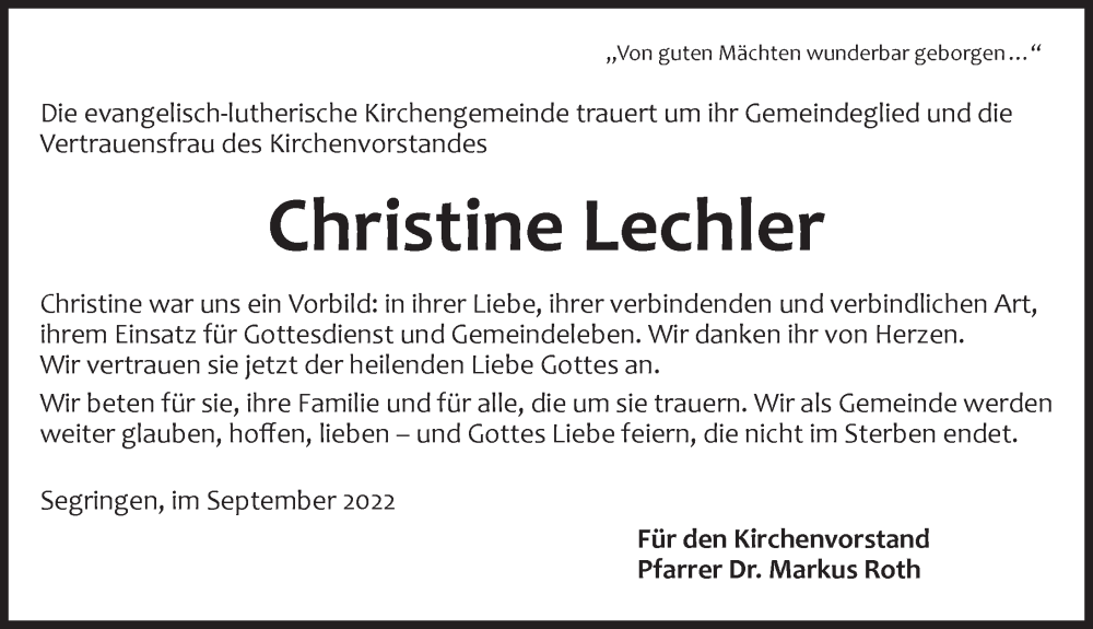  Traueranzeige für Christine Lechler vom 07.09.2022 aus Dinkelsbühl/ Feuchtwangen