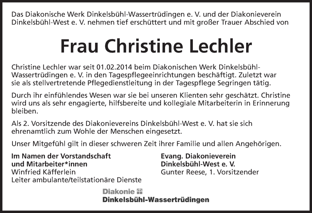  Traueranzeige für Christine Lechler vom 08.09.2022 aus Dinkelsbühl/ Feuchtwangen