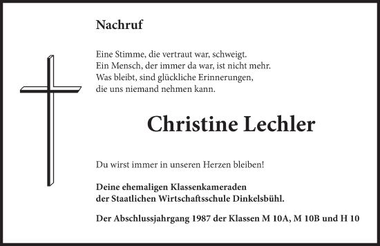 Traueranzeige von Christine Lechler von Dinkelsbühl/ Feuchtwangen