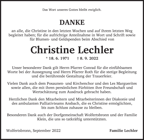 Traueranzeige von Christine Lechler von Dinkelsbühl/ Feuchtwangen