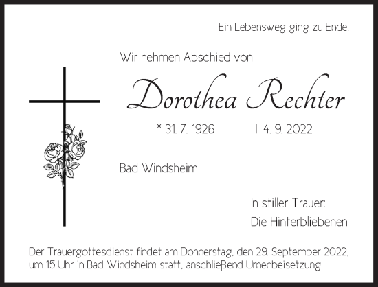 Traueranzeige von Dorothea Rechter von Neustadt/ Scheinfeld/ Uffenheim