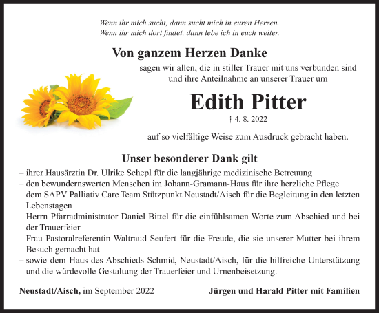 Traueranzeige von Edith Pitter von Neustadt/ Scheinfeld/ Uffenheim