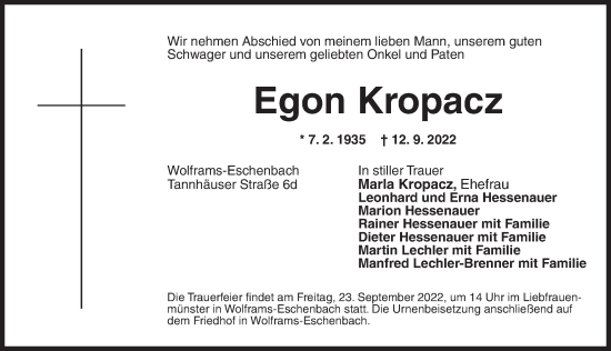 Traueranzeige von Egon Kropacz von Ansbach