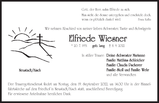 Traueranzeige von Elfriede Wiesner von Neustadt/ Scheinfeld/ Uffenheim