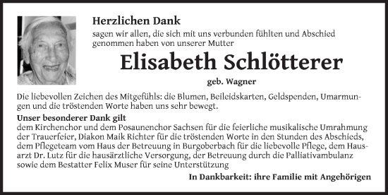 Traueranzeige von Elisabeth Schlötterer von Ansbach