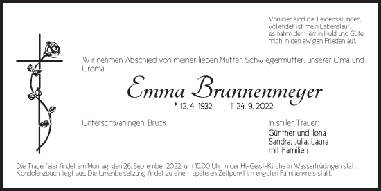 Traueranzeige von Emma Brunnenmeyer von Dinkelsbühl/ Feuchtwangen