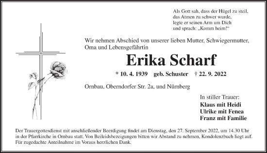 Traueranzeige von Erika Scharf von Ansbach