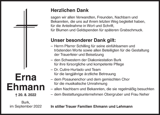 Traueranzeige von Erna Ehmann von Dinkelsbühl/ Feuchtwangen