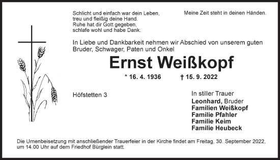 Traueranzeige von Ernst Weißkopf von Ansbach