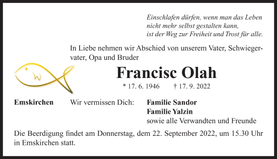 Traueranzeige von Francisc Olah von Neustadt/ Scheinfeld/ Uffenheim