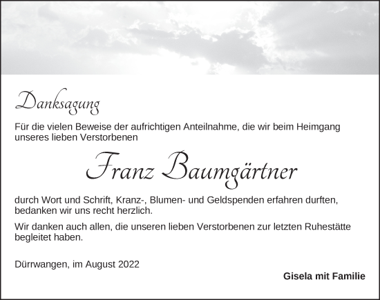 Traueranzeige von Franz Baumgärtner von Dinkelsbühl/ Feuchtwangen