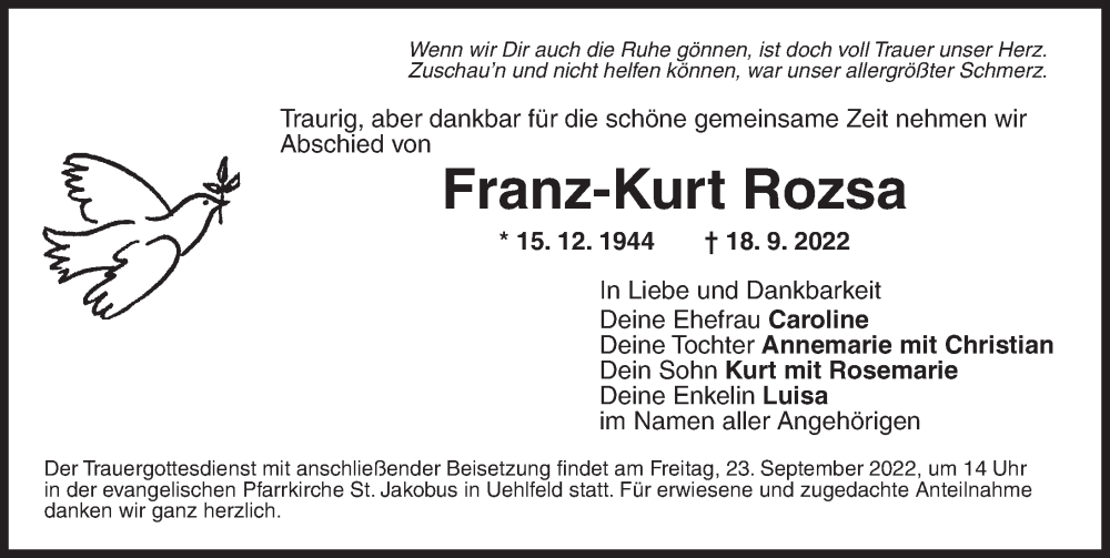  Traueranzeige für Franz-Kurt Rozsa vom 22.09.2022 aus Neustadt/ Scheinfeld/ Uffenheim
