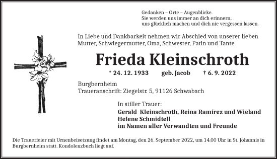 Traueranzeige von Frieda Kleinschroth von Neustadt/ Scheinfeld/ Uffenheim