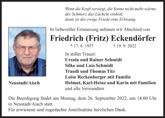 Traueranzeige von Friedrich  Eckendörfer von Neustadt/ Scheinfeld/ Uffenheim
