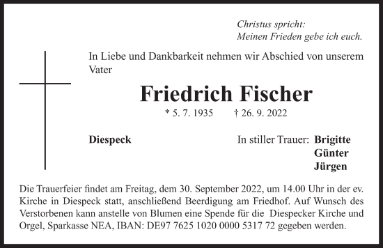 Traueranzeige von Friedrich Fischer von Neustadt/ Scheinfeld/ Uffenheim