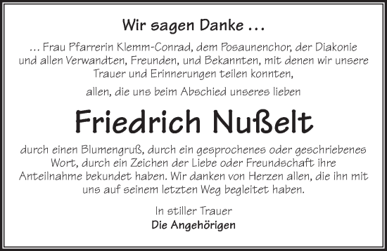 Traueranzeige von Friedrich Nußelt von Dinkelsbühl/ Feuchtwangen