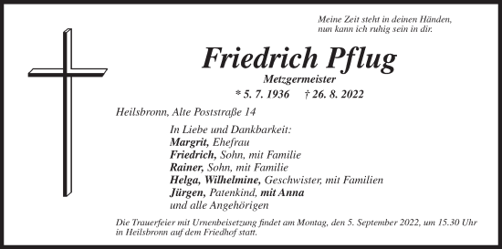 Traueranzeige von Friedrich Pflug von Ansbach