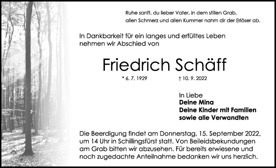 Traueranzeige von Friedrich Schäff von Rothenburg