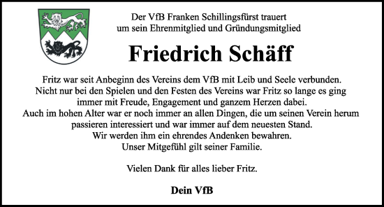 Traueranzeige von Friedrich Schäff von Rothenburg