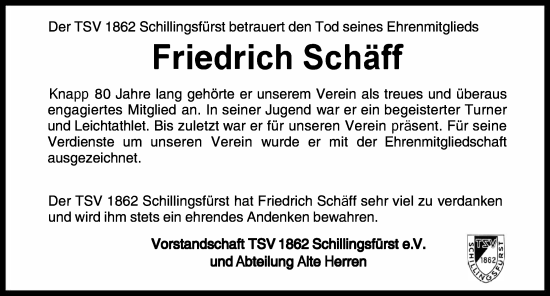 Traueranzeige von Friedrich Schäff von Rothenburg