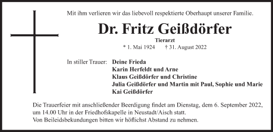 Traueranzeige von Fritz Geißdörfer von Neustadt/ Scheinfeld/ Uffenheim